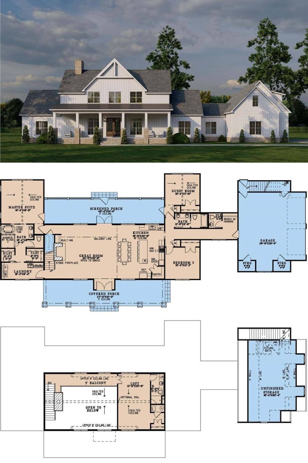 This sprawling 3-bedroom farmhouse blends rustic charm and modern comforts with its white board and batten siding, stone trims, and sleek metal roof accents. It includes a welcoming front porch and a 2-car side-loading garage with plenty of storage space keeping the home clean and organized.