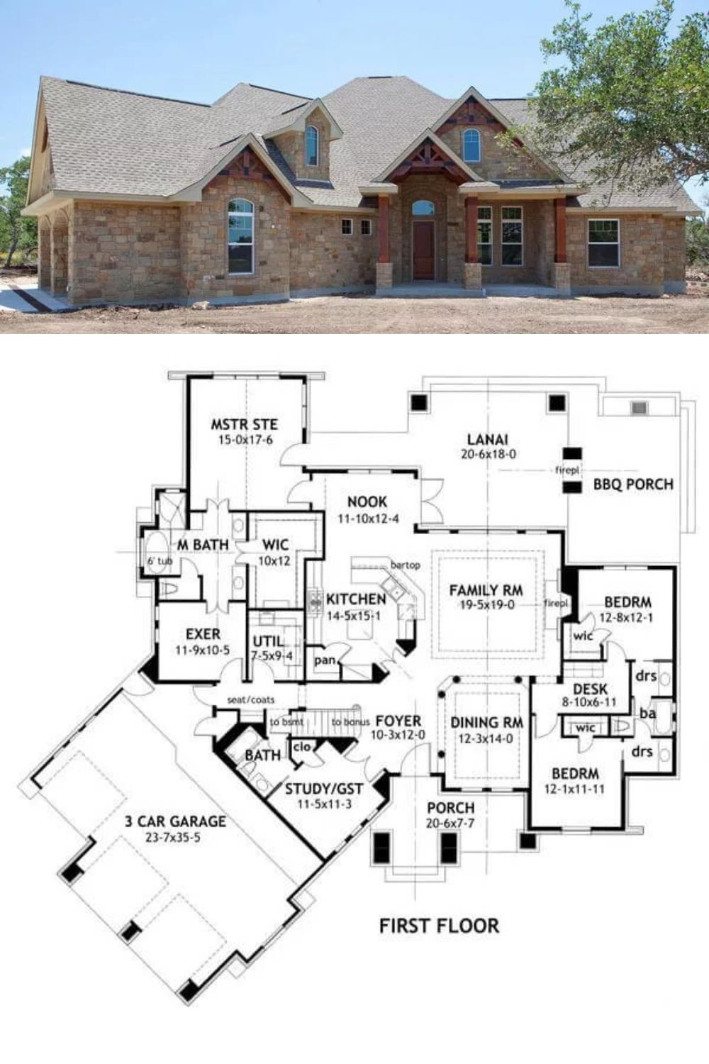 This 3-bedroom craftsman home radiates a traditional charm with a stately stone exterior, a charming dormer, and multiple gables adorned by decorative wood trims. It features an inviting front porch and an angled 3-car garage that accesses the home through the mudroom.