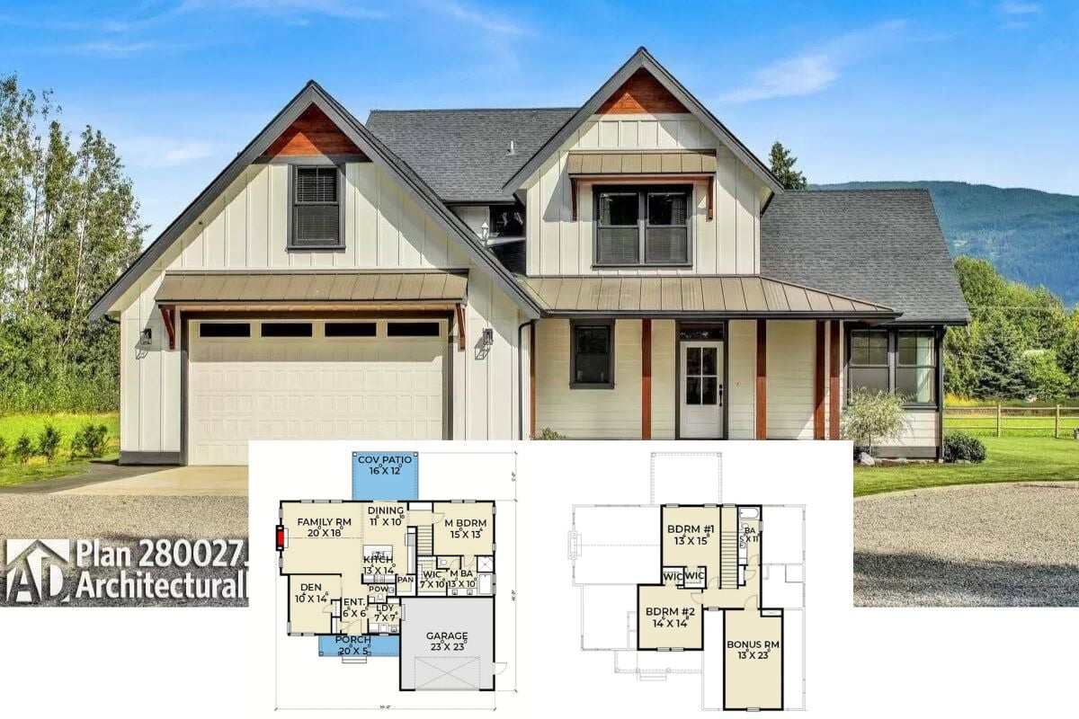 3-Bedroom Modern Farmhouse with Double Garage and Bonus Room (Floor Plan)