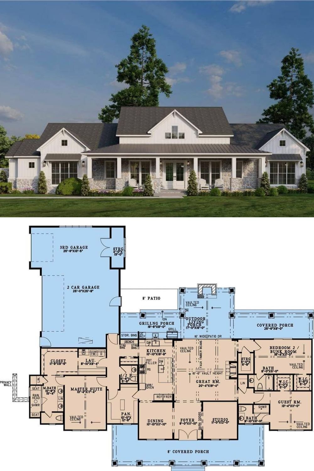 This 3-bedroom modern farmhouse exudes timeless charm with its classic white board and batten siding, stone accents, and a welcoming front porch framed by stone-based pillars.
