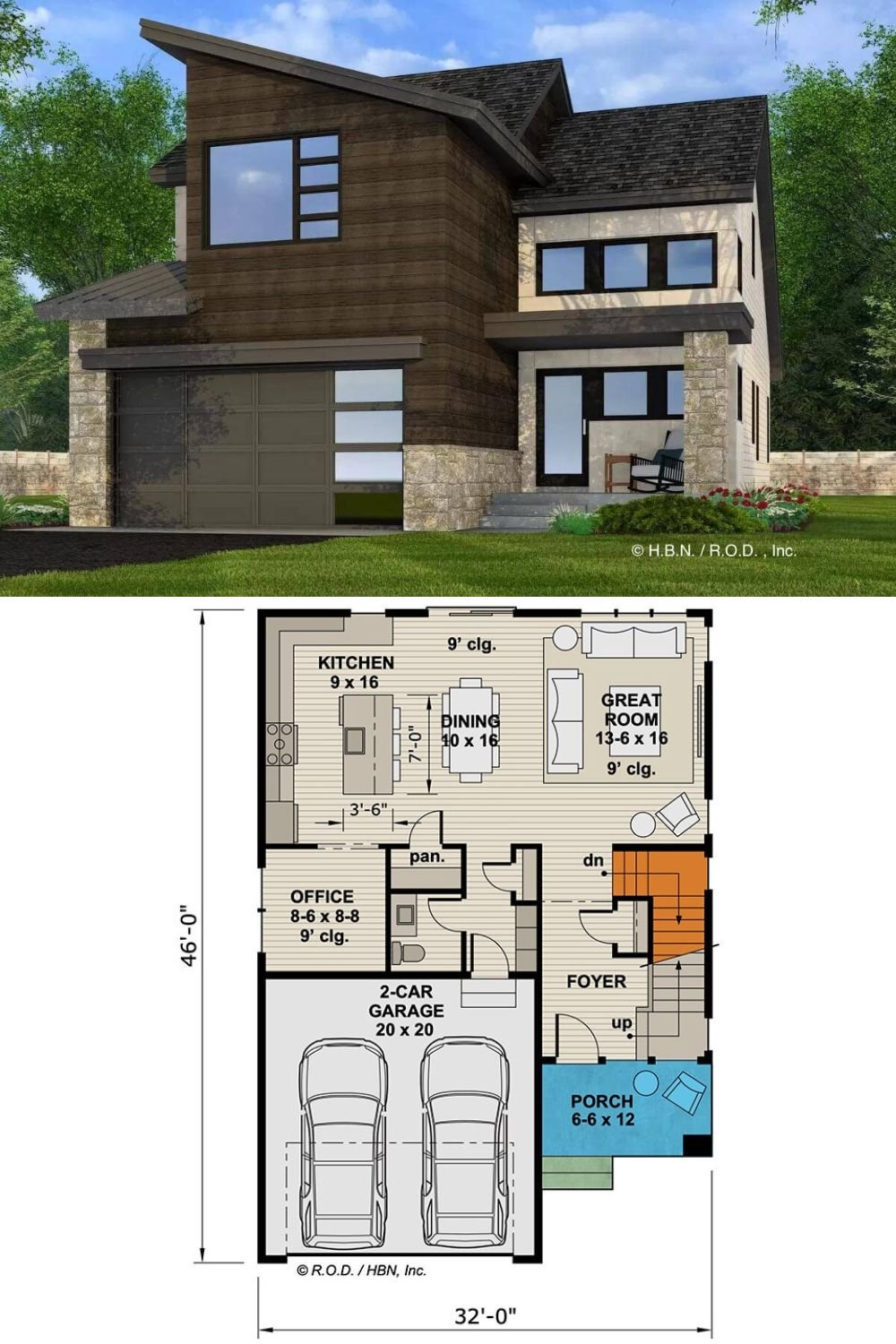 An attractive blend of stone, concrete panels, and rustic wood siding gives this modern style home an exquisite curb appeal. It includes an inviting front porch and a double garage that enters the home through the mudroom.