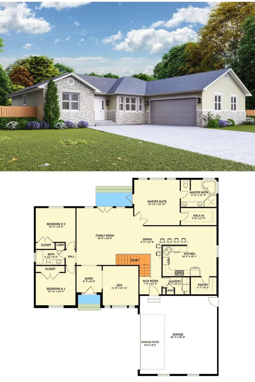 Stone and stucco exterior accentuated by white-framed windows give this 3-bedroom ranch a striking curb appeal. It includes a sleek entry and a double side-loading garage that connects to the home through the mudroom.