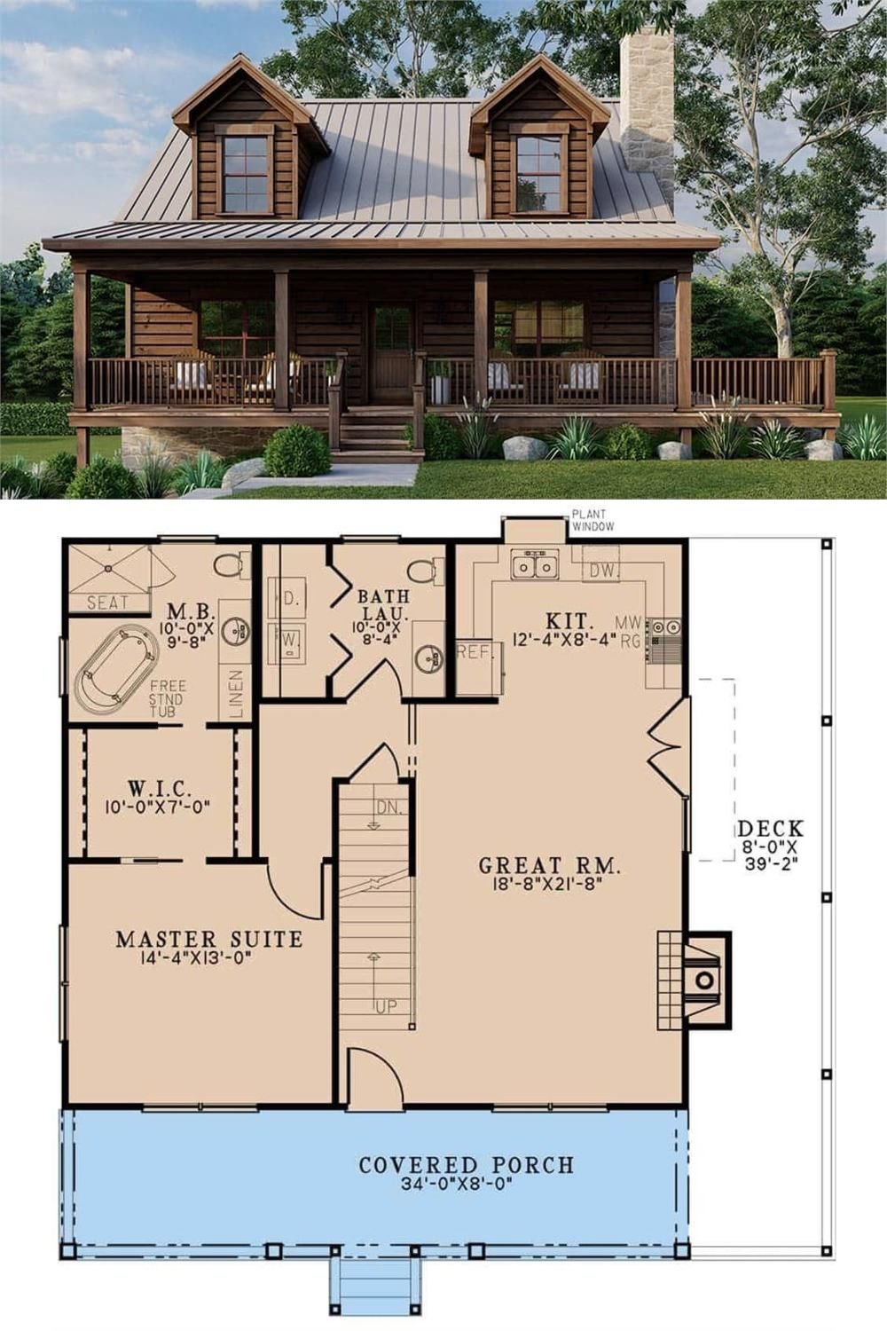 This 3-bedroom rustic home features a warm and inviting facade with natural wood siding, a stone chimney, and a welcoming front porch topped by twin dormers.