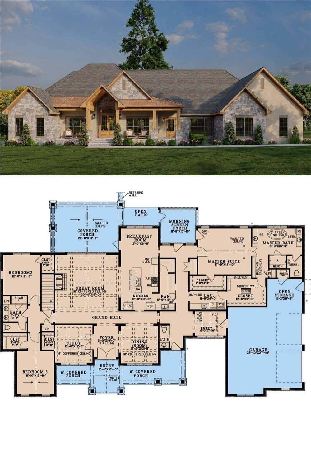 This 3-bedroom rustic home showcases a striking facade with stone and stucco exterior, varied rooflines, and timber accents highlighting the entry porch.