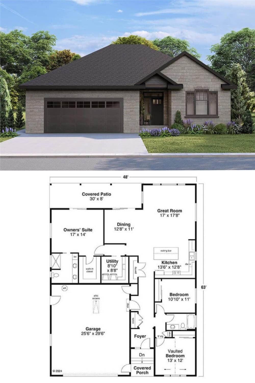 This 3-bedroom Southern home showcases a cozy and inviting facade with its gray brick exterior, gable and hipped rooflines, a double front-loading garage, and a covered entry that creates a warm welcome.