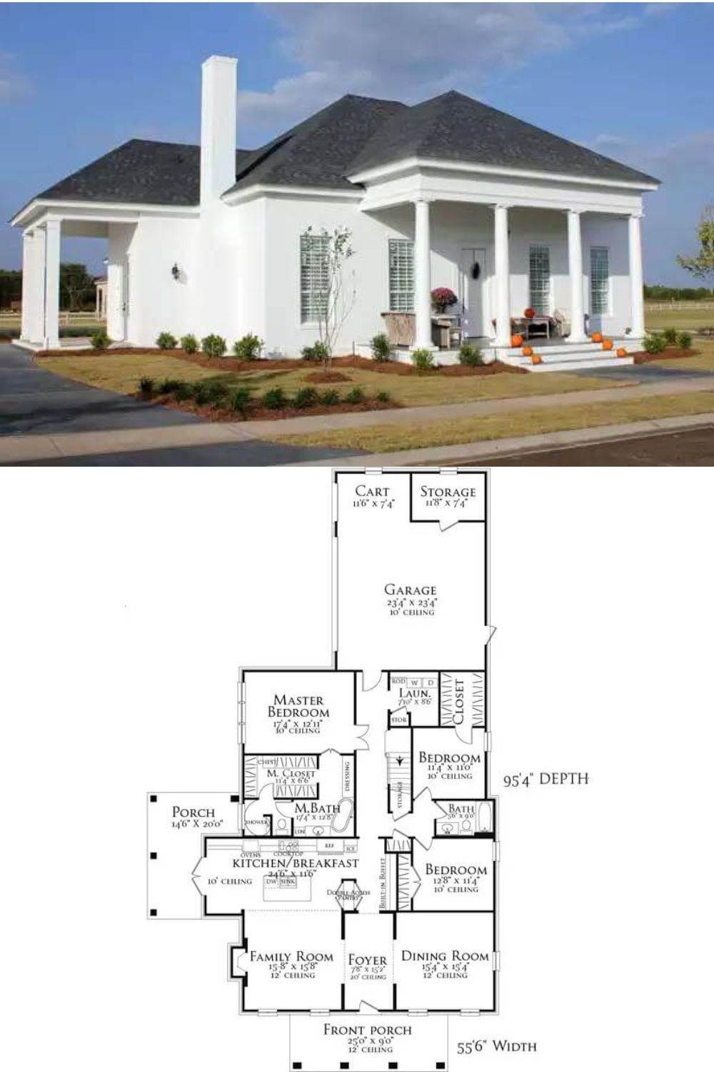 This 3-bedroom traditional home is embellished with pristine white siding, hipped rooflines, and a welcoming front porch highlighted by four round pillars.