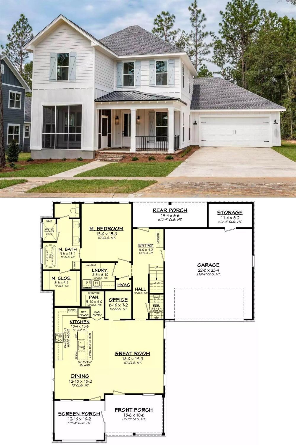 Vertical and horizontal siding, shuttered windows, and an inviting front porch highlighted by exposed rafters and stately columns give this 3-bedroom farmhouse an exquisite curb appeal. The front porch connects to a screened porch while the double garage provides convenient access through a mudroom.