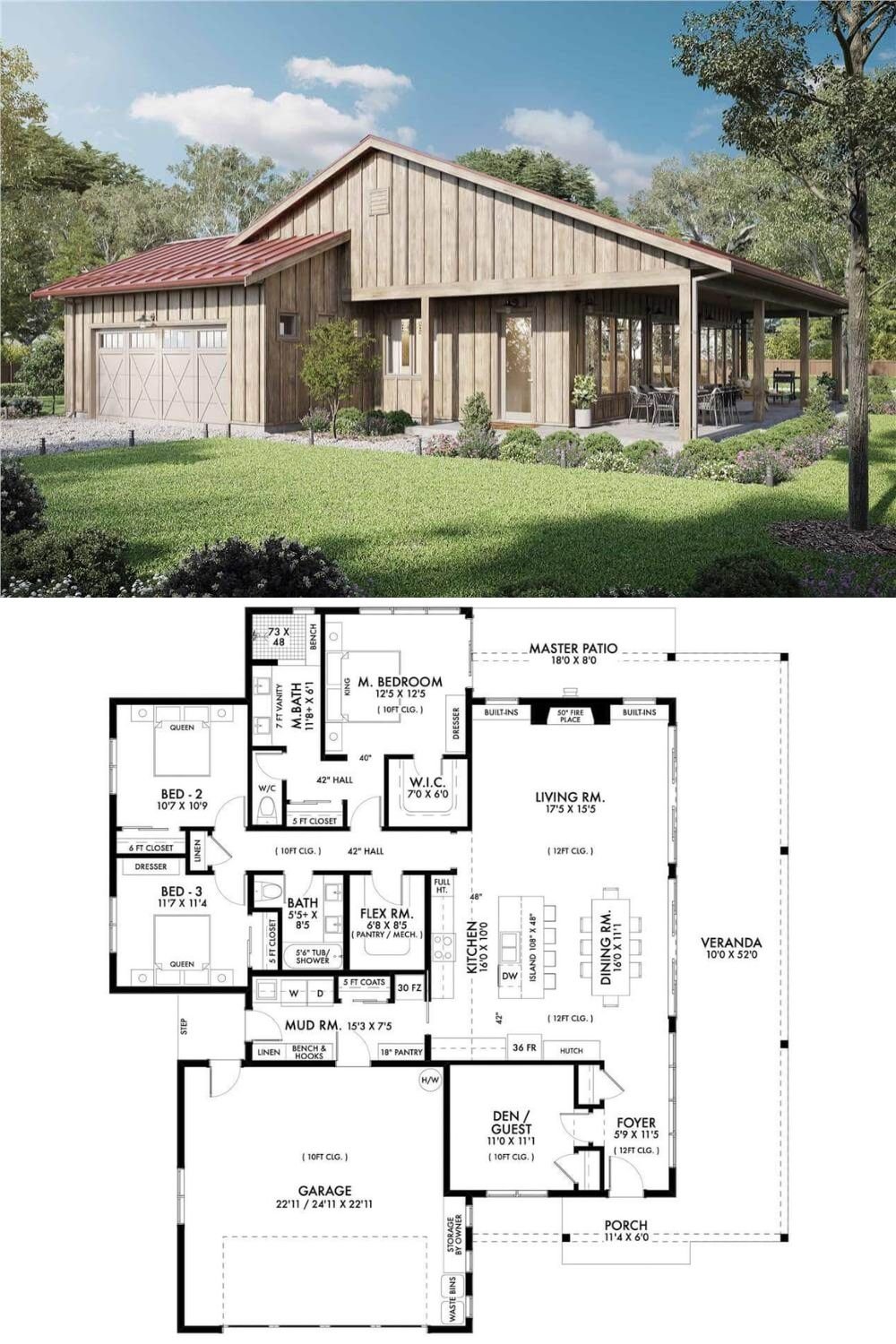 This 4-bedroom rustic home exudes timeless charm with its natural wood siding, standing seam metal roofs, and timber posts that frame both the covered porch and the rear veranda. A double front-facing garage provides easy access to the home through a convenient mudroom.