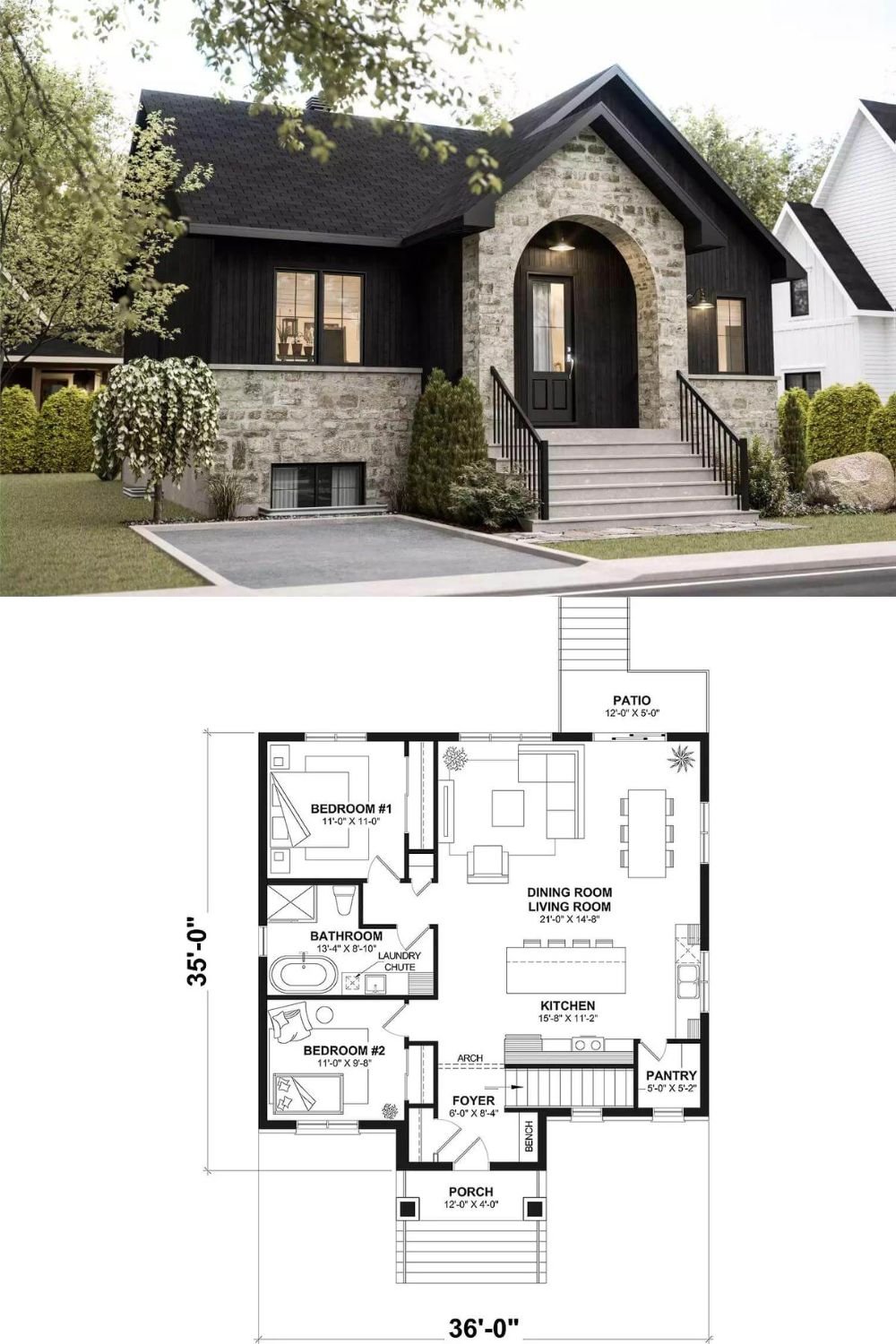 A blend of natural stone and dark wood siding gives this 4-bedroom traditional home a striking curb appeal. It includes a welcoming front porch framed by a large archway.
