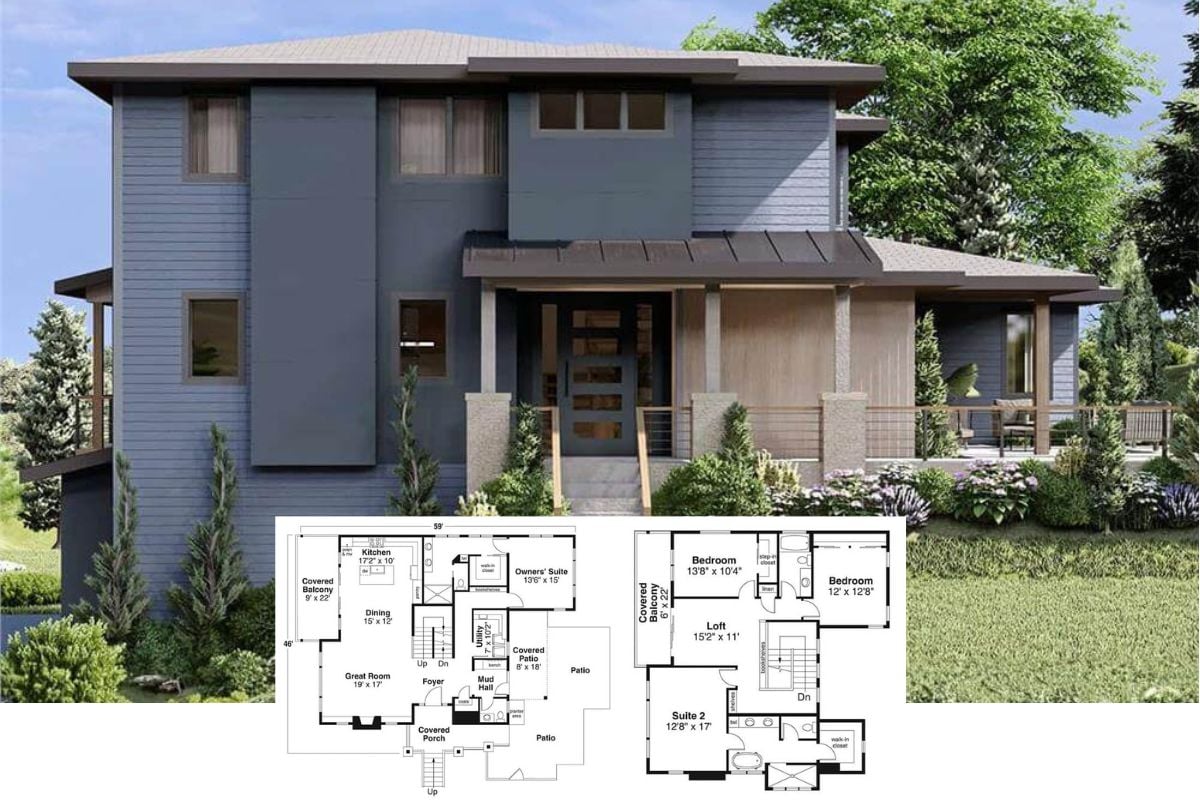 Contemporary-Style 4-Bedroom Home for a Sloped Lot with Loft and Balcony (Floor Plan)