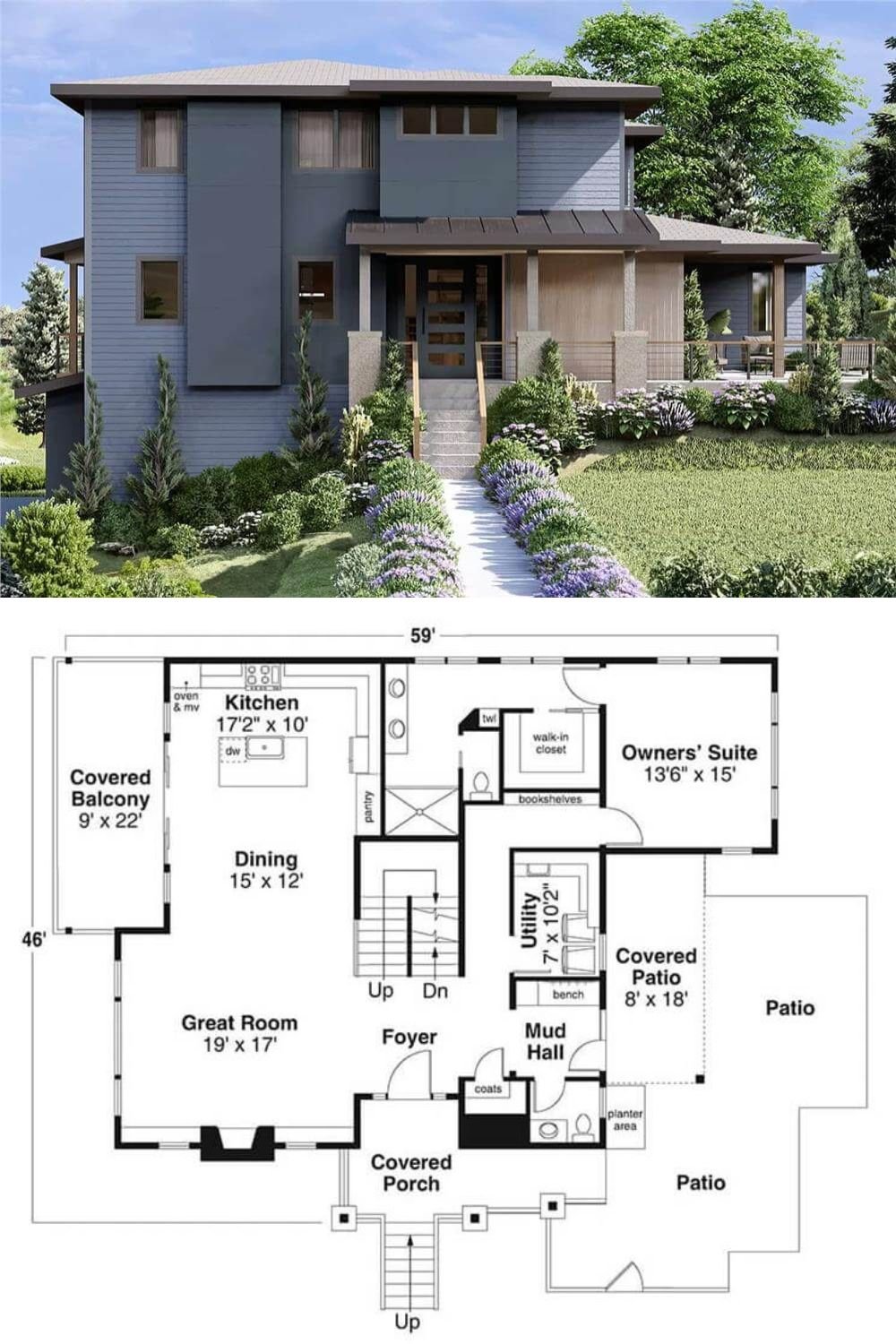 A mixture of clapboard siding, concrete panels, and wood accents embellishes this contemporary-style home.