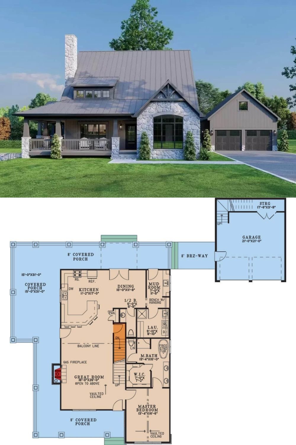 This country craftsman home features a warm and inviting facade with dark board and batten siding, beautiful stone accents, and a wraparound porch bordered by tapered columns. A double garage connects to the home through a covered breezeway.