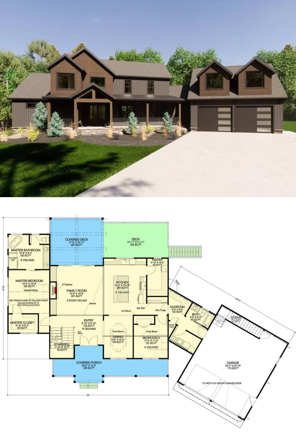 This country craftsman home captivates with its dark board and batten siding, gable rooflines, and an inviting front porch framed by rustic pillars. It includes an angled 2-car garage with a bonus room above offering versatile space for future expansion.
