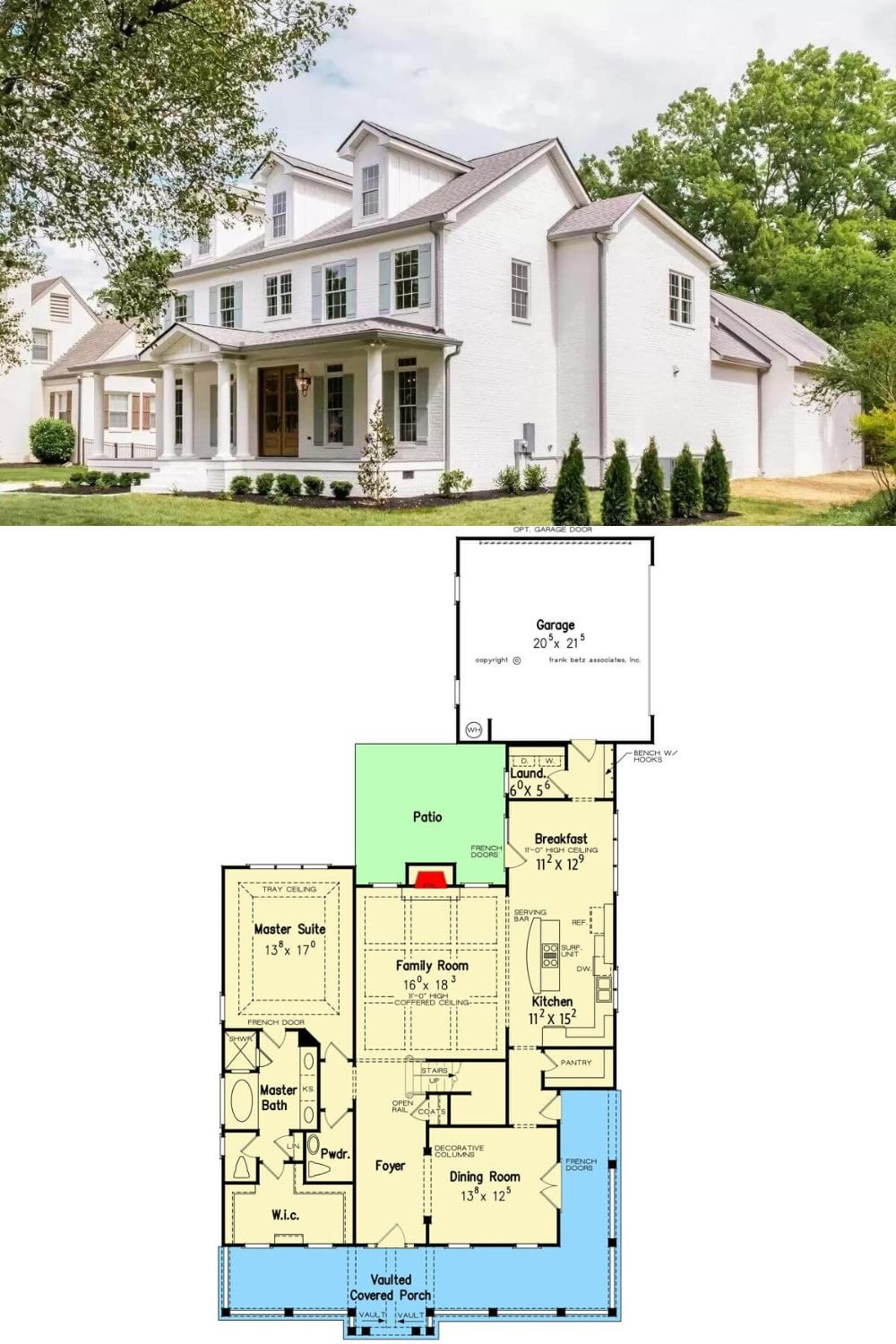 A stately brick exterior, three charming dormers, and a wraparound porch bordered by round pillars grace this country style home.