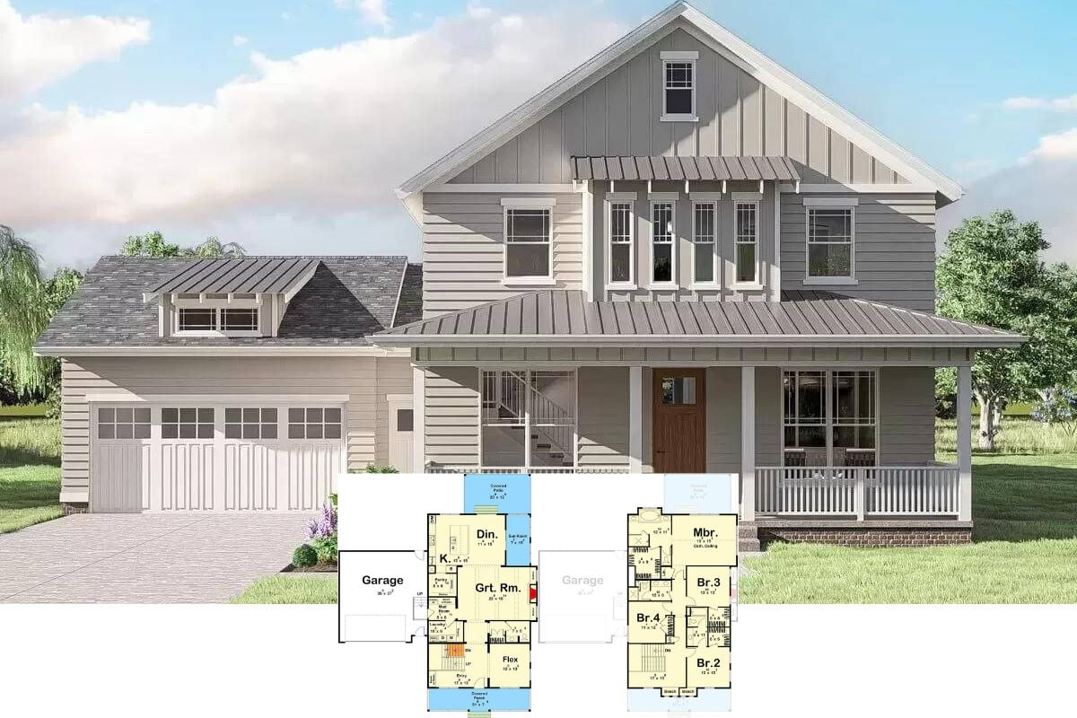 4-Bedroom Modern Farmhouse with Flex Room and Covered Patio (Floor Plan)
