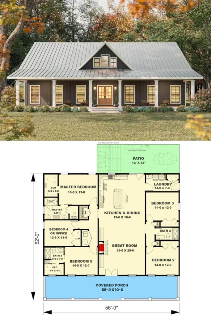 5-Bedroom Modern Farmhouse Ranch with Open Living Space and Covered ...