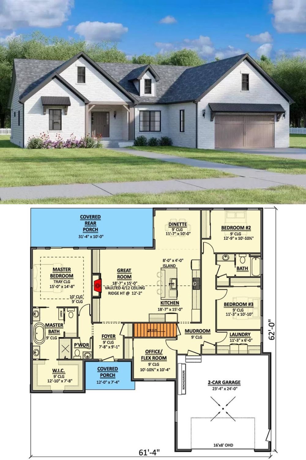 This New American-style ranch is embellished with a brick exterior, multiple gables, and an inviting front porch framed by timber posts and beams. A double front-loading garage enters the home through the mudroom.