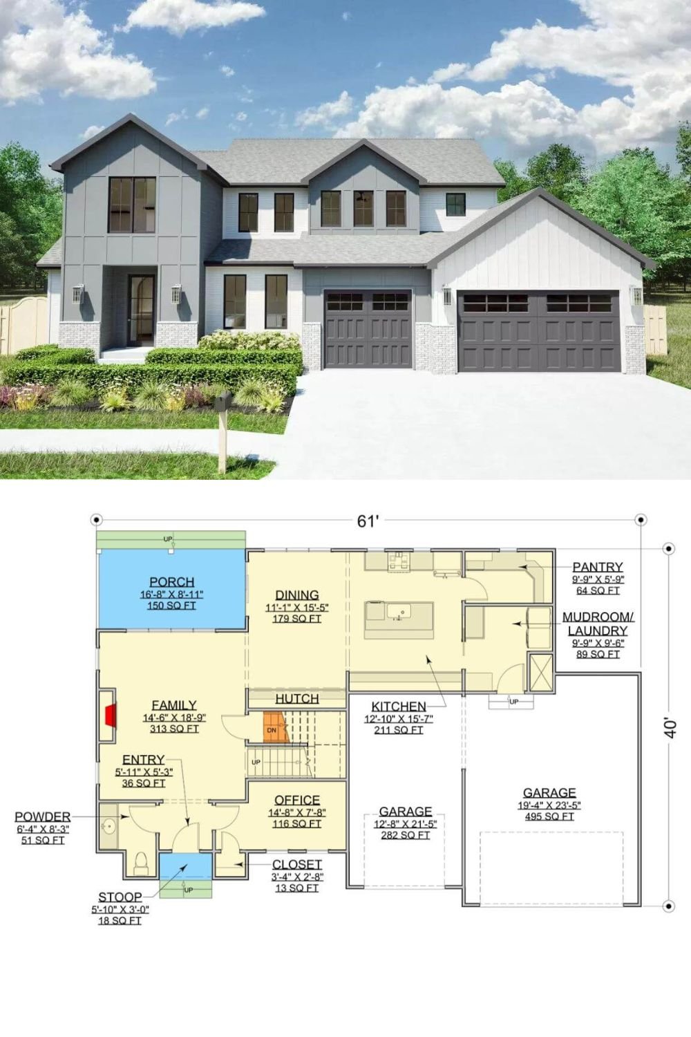 This 4-bedroom New American home showcases a perfect blend of timeless and modern design with its mix of vertical and horizontal siding, brick accents, and large black-framed windows that flood the interior with natural light. It includes a sleek entry and a 3-car garage that connects to the home through the mudroom.