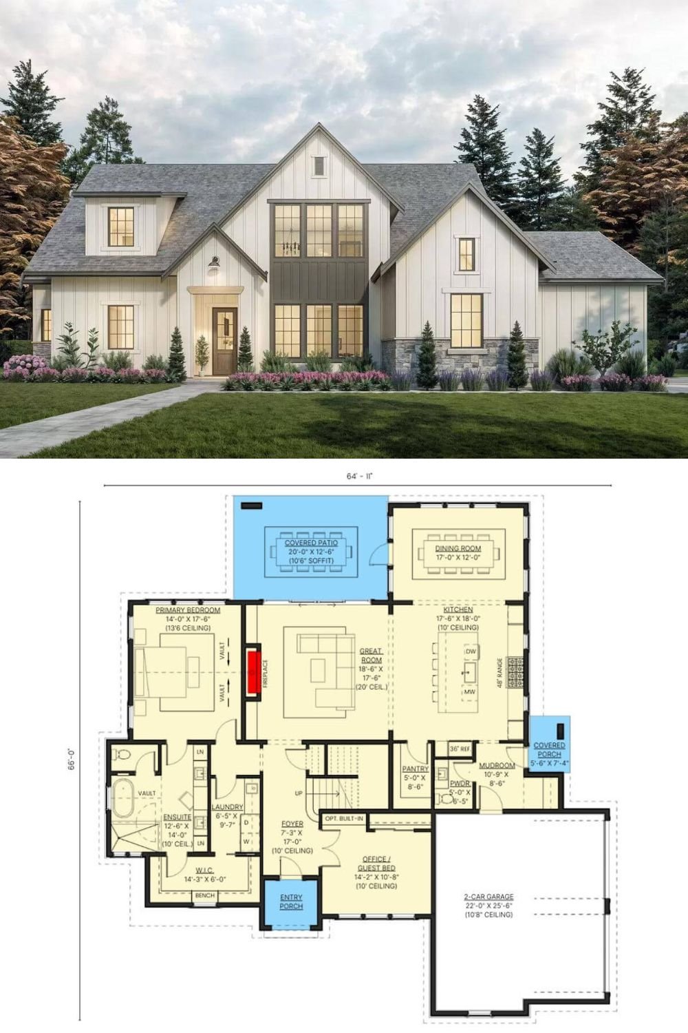 This 5-bedroom New American home radiates rustic charm with its blend of board-and-batten siding, stone accents, and dark wood details. It includes a 2-car side-loading garage and a covered entry highlighted by a timber beam.