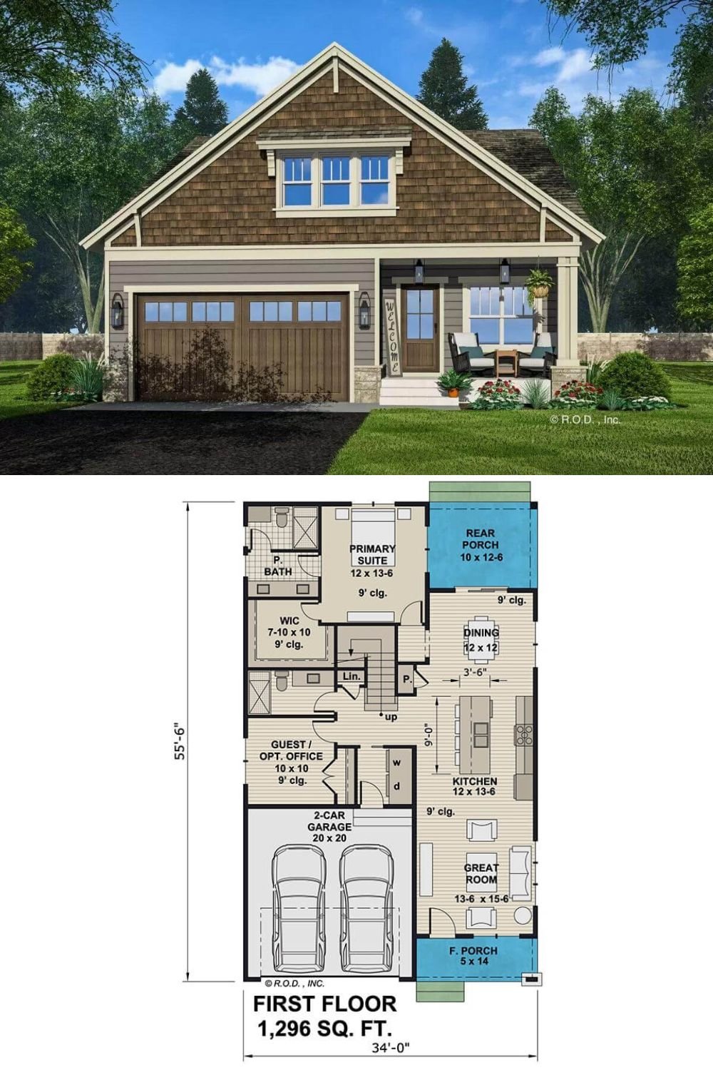 This 4-bedroom traditional home showcases a cozy and inviting facade with classic clapboard siding, cedar shakes, and a covered front porch that creates a warm welcome. A double front-loading garage provides convenient access to the home via a laundry room.