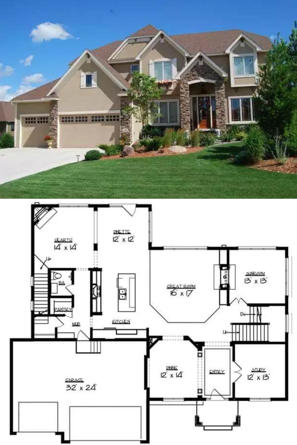 This traditional style home boasts a stunning facade with a combination of stone and stucco, multiple gables, and an inviting arched entry, offering timeless curb appeal. A 3-car front-loading garage conveniently connects to the home through a functional mudroom.