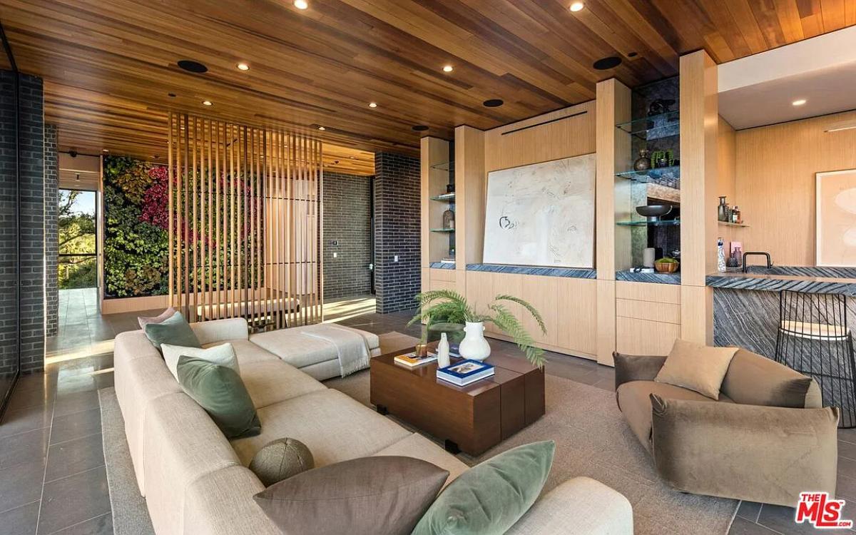 Living room with couches and hardwood ceilings.