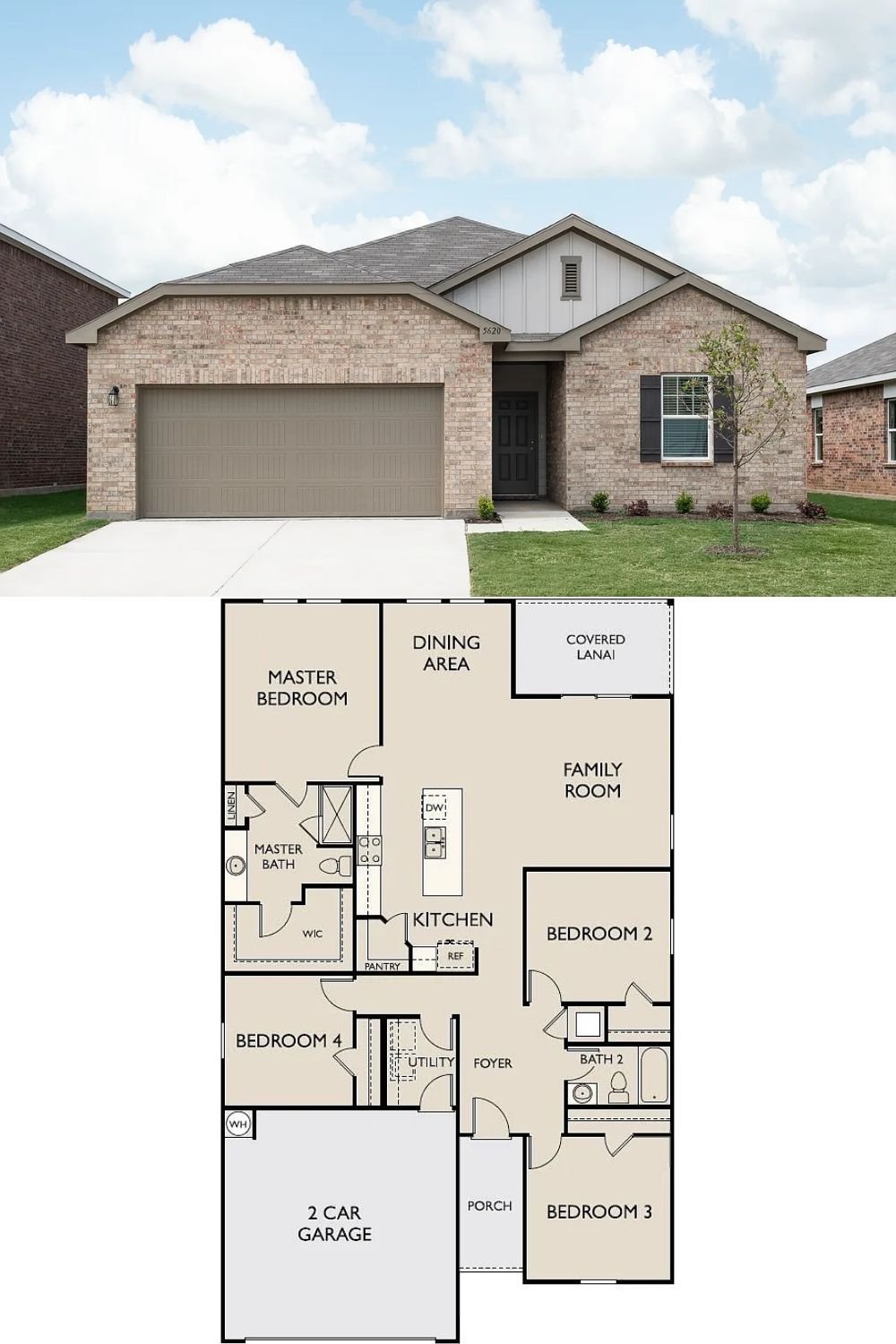 4-Bedroom Single Family Home with 2-Car Garage and Porch