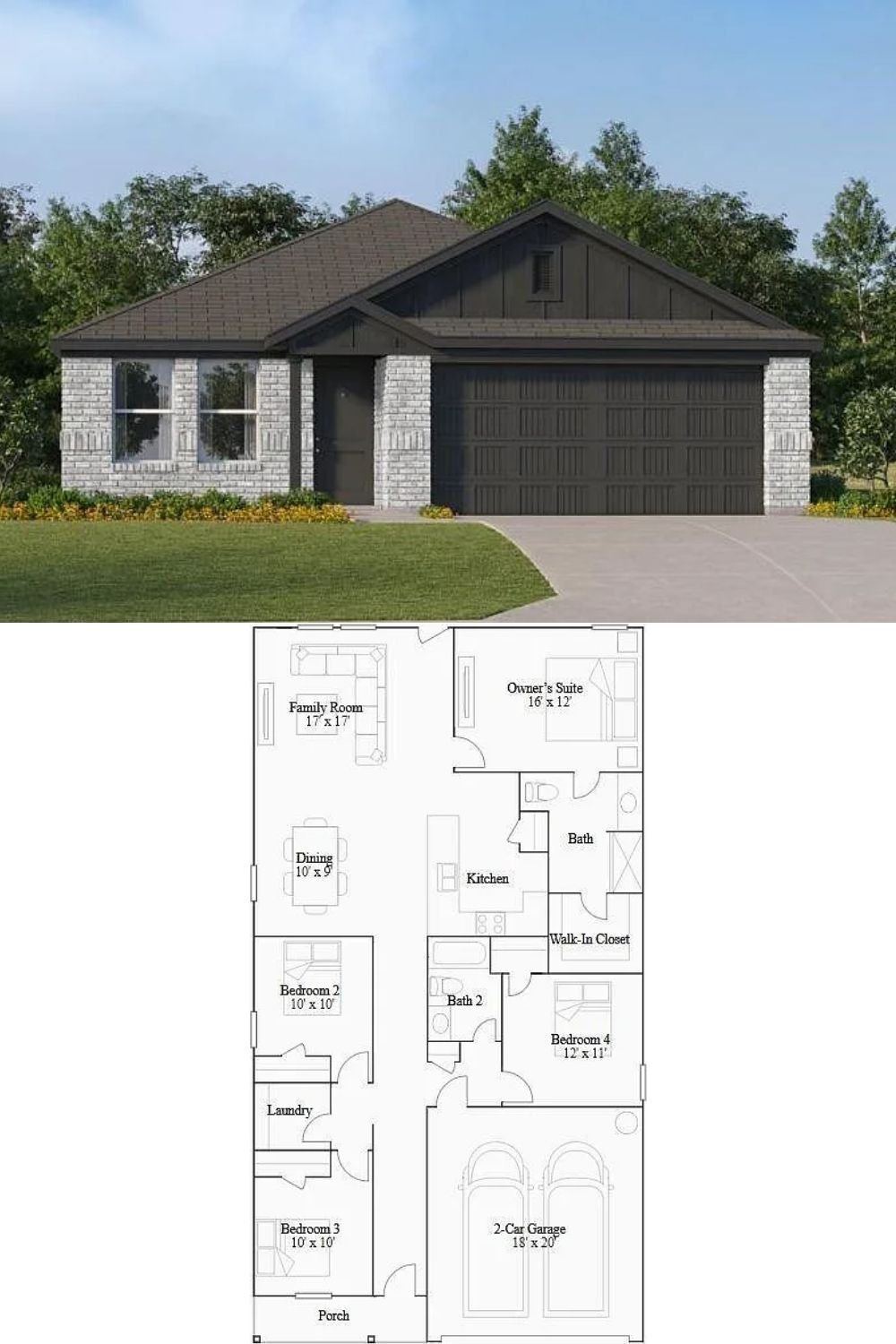 4-Bedroom Traditional-Style Single Family Home with Porch and Two-Car Garage