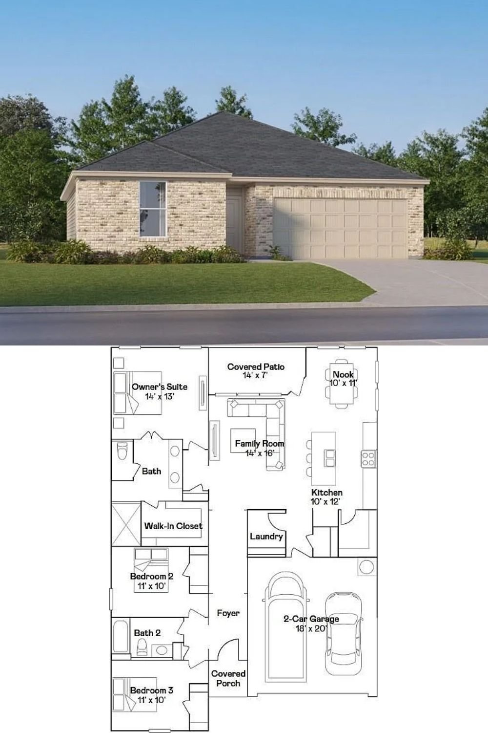 3-Bedroom Traditional-Style Single Family Home with Covered Porch and Patio