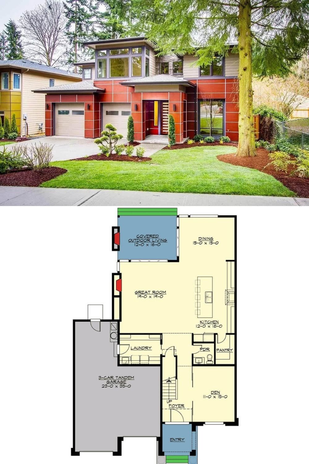 A unique blend of clapboard siding, stone, and painted panels accentuated by white trims adorns this 5-bedroom contemporary home. It includes a covered entry and a 3-car tandem garage that connects to the home through the laundry room.