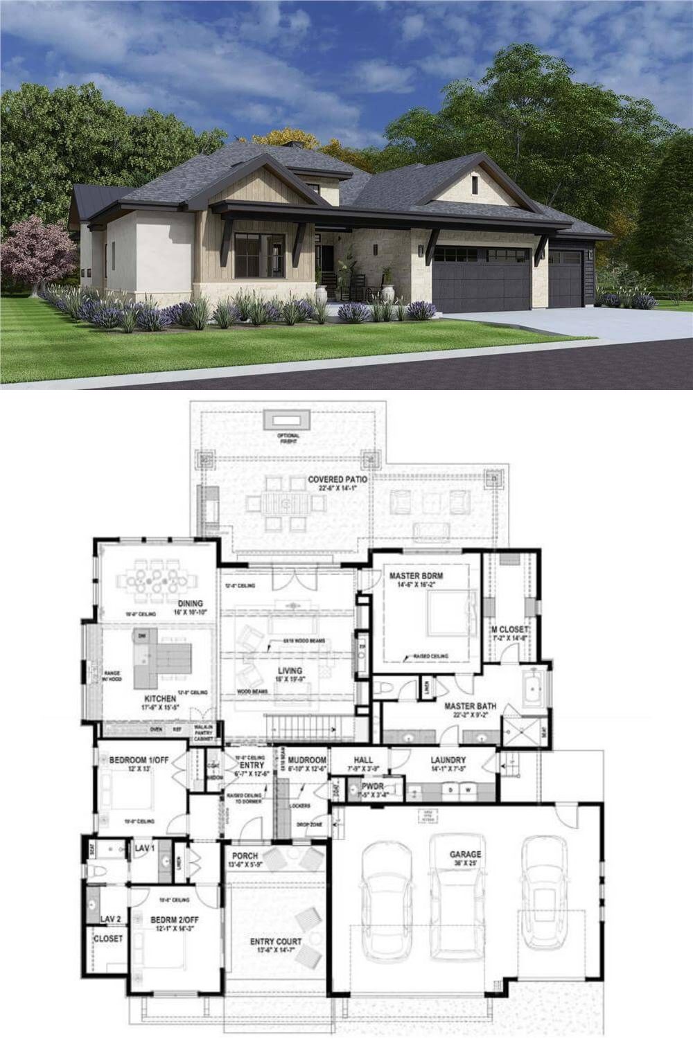An attractive blend of stucco, stone, and wood siding embellishes this country-style home. The exterior is complemented by a 3-car garage and an inviting entry court that sets a warm and welcoming tone.