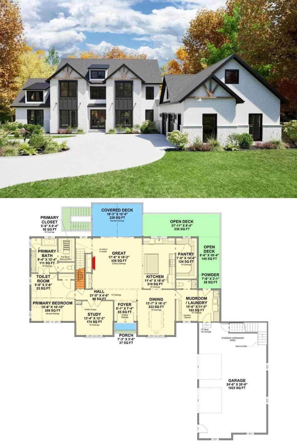 Stone and stucco exterior, shed dormers, and gable rooflines accentuated by rustic wood trims give this transitional New American home an exquisite curb appeal. It includes a sleek entry and a 2-car side-loading garage that enters the home through the mudroom/laundry room.