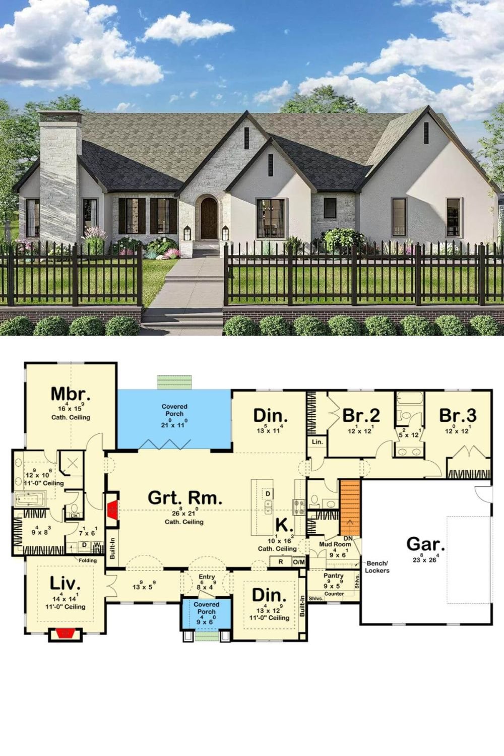 This modern cottage is embellished with stone and stucco exterior, steeply pitched gables, and an arched entry that greets guests with flair. A double side-loading garage connects to the home through the mudroom.