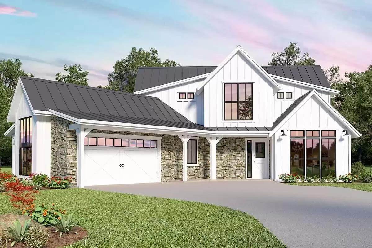 4-Bedroom Modern Farmhouse with Vaulted Loft and Angled 2-Car Garage (Floor Plan)