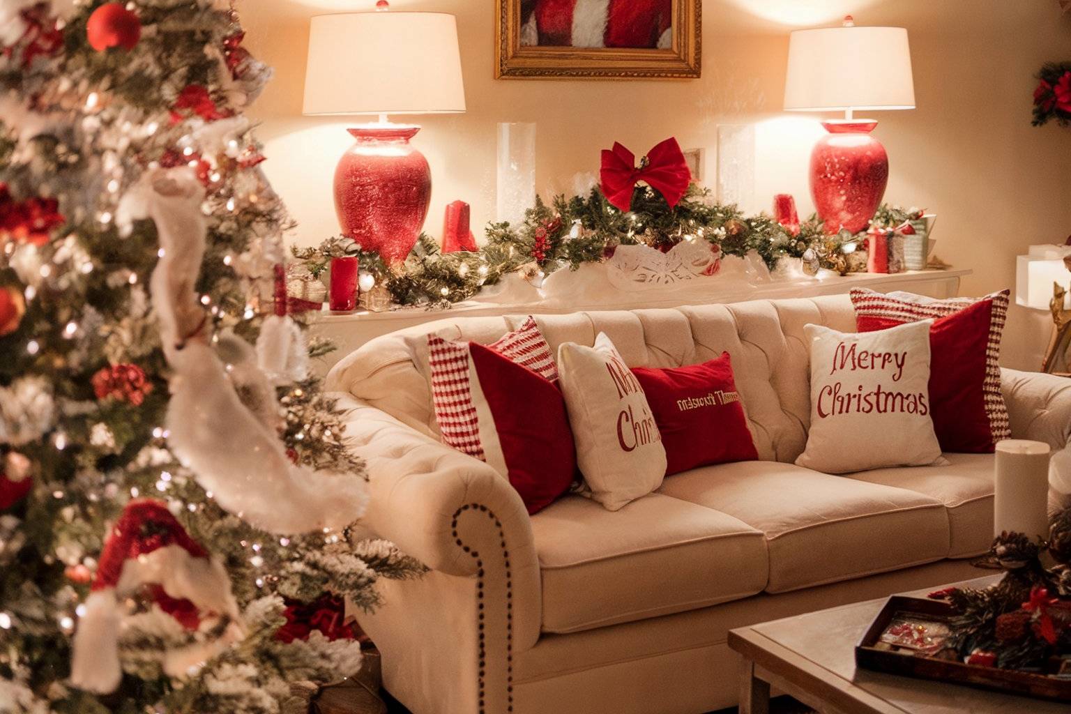 A beautifully decorated living room for Christmas, featuring vibrant red and white ornaments that enhance the festive spirit