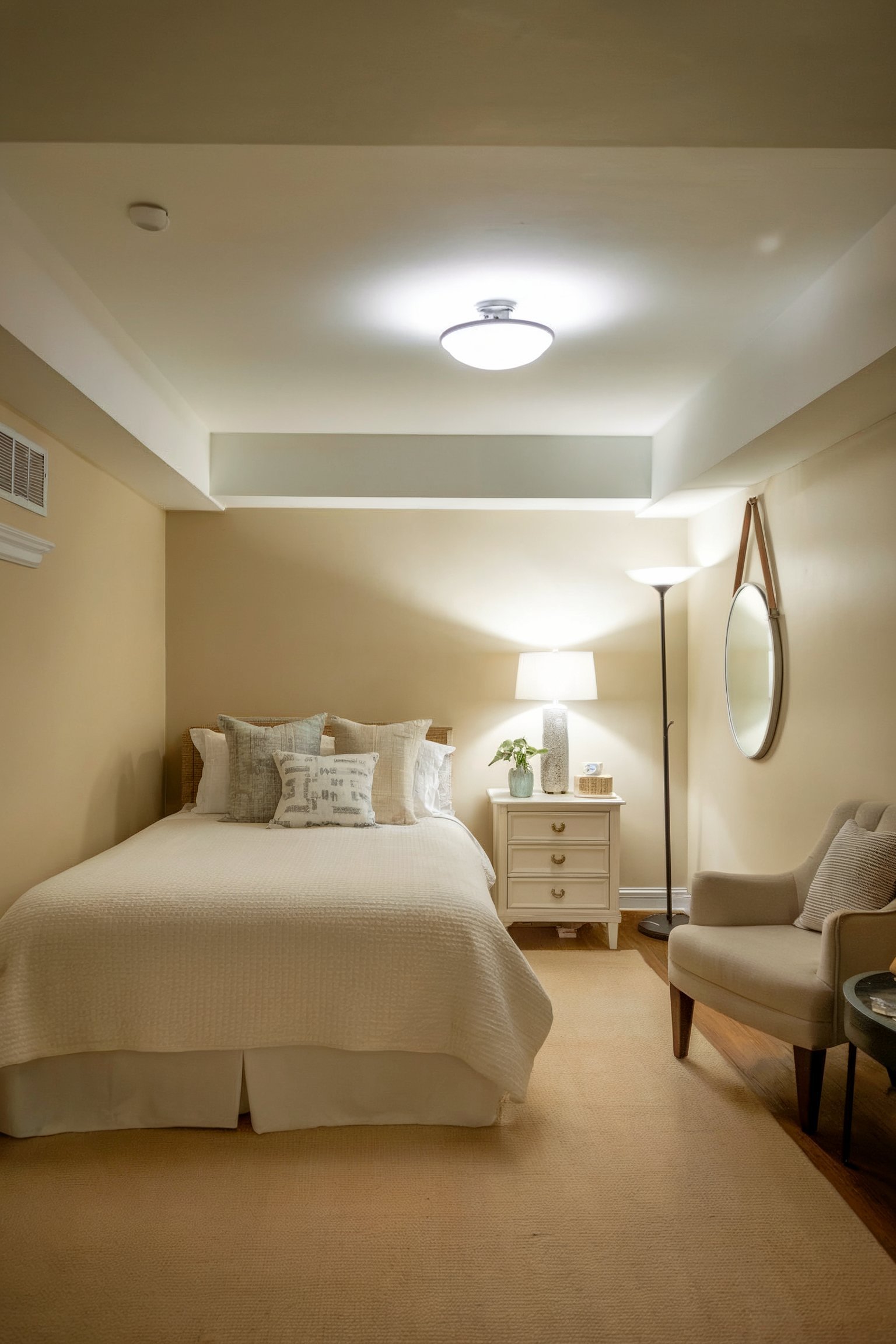 A cozy basement bedroom with a simple beige color palette, featuring a bed with neutral bedding, a nightstand with a lamp