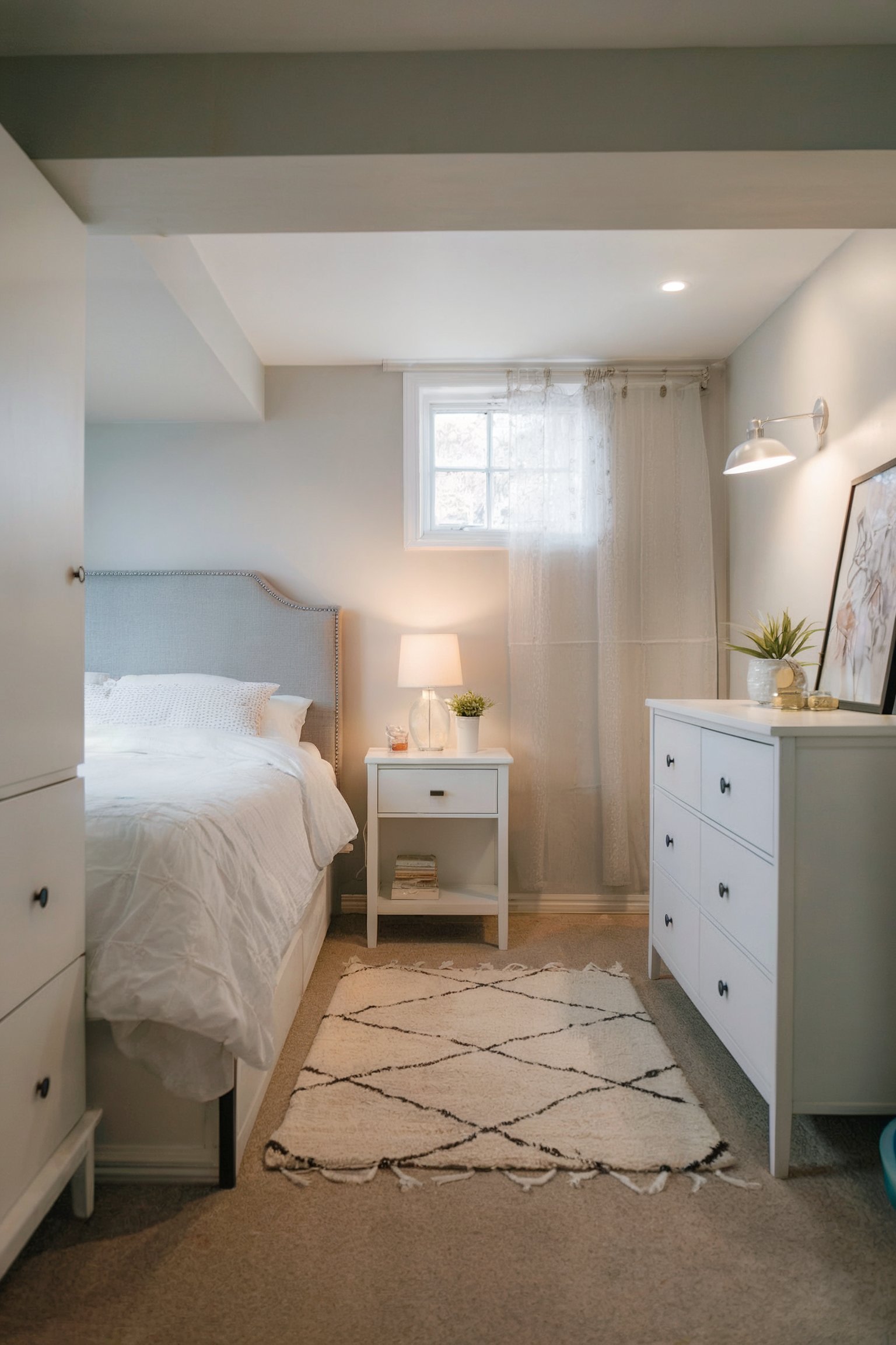 A cozy bedroom with a soft beige color palette featuring a bed, nightstand, and armchair, with a small window