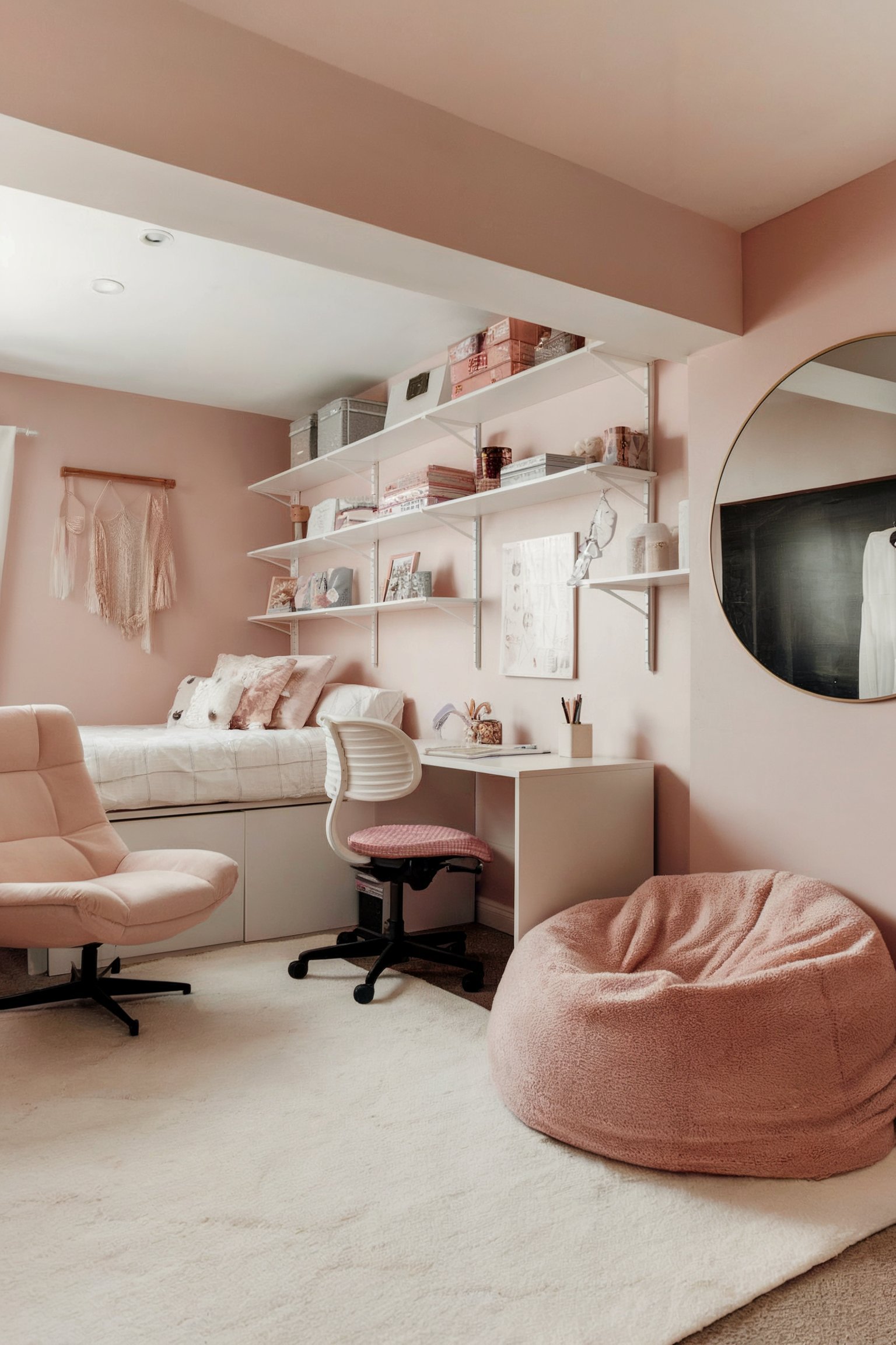 A pink-themed bedroom with a cozy bed, desk, and a fluffy bean bag