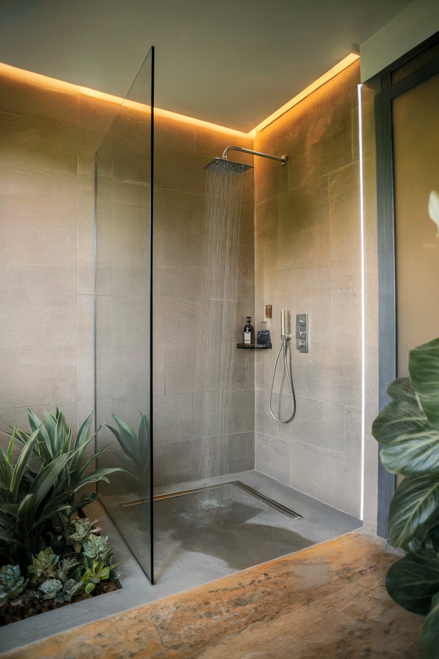 A modern shower with a glass divider, rain showerhead, soft lighting, and a plant feature for a spa-like atmosphere