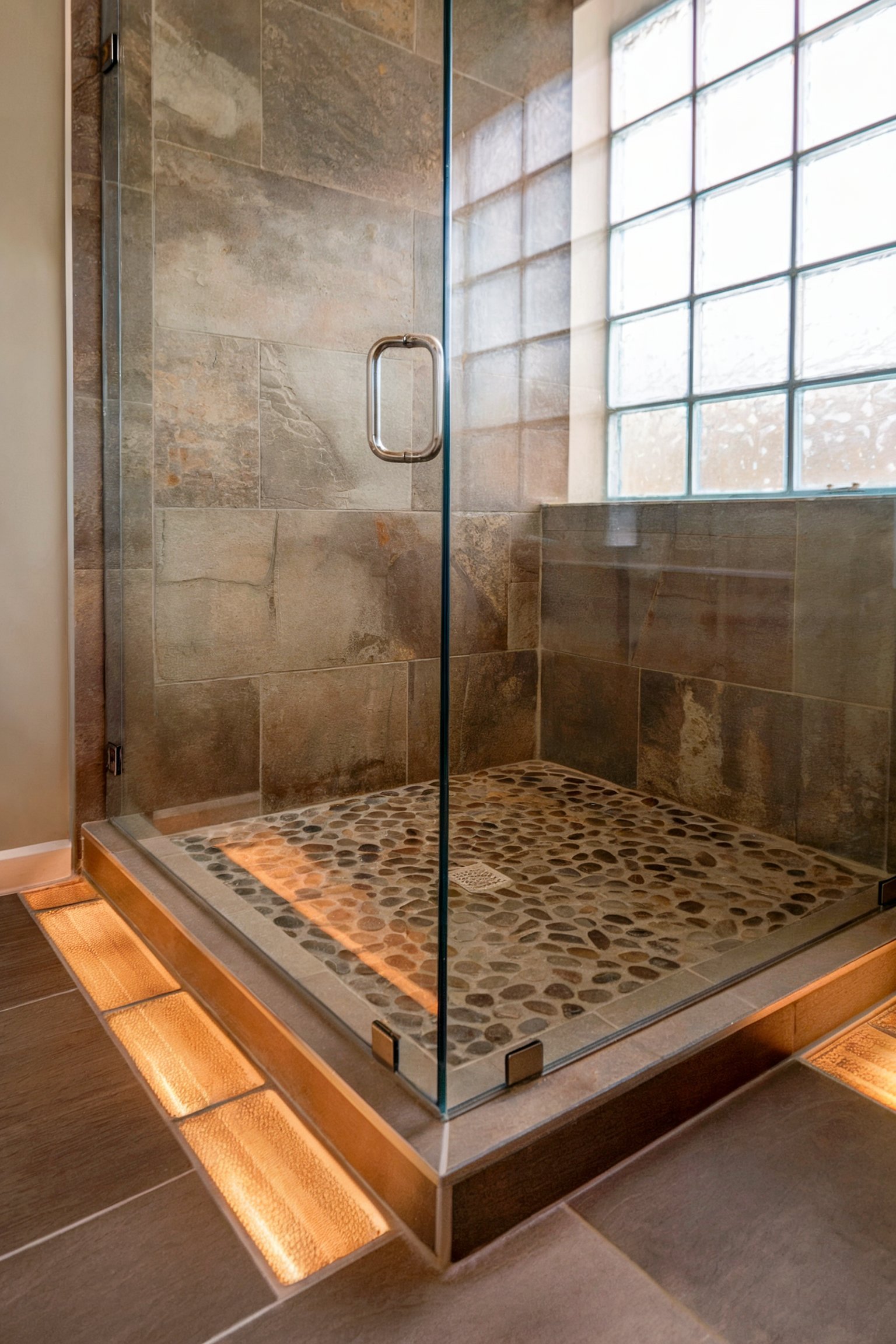 A rustic-style shower with stone tile walls, pebble flooring, and underfloor lighting for a warm, earthy ambiance