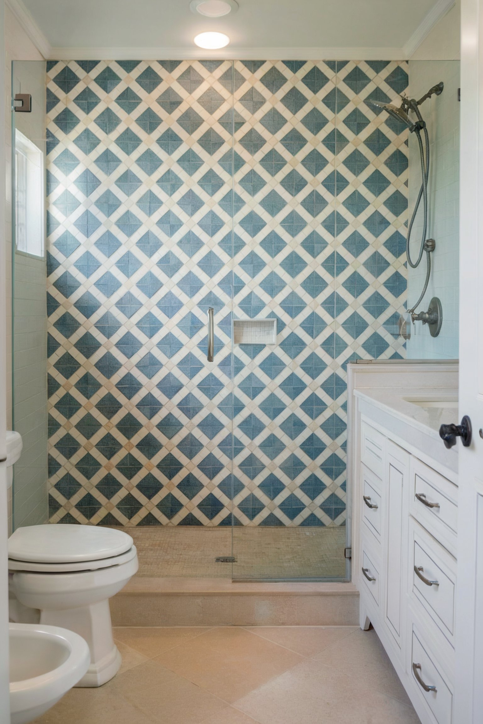 A bathroom with a striking blue and white patterned tile shower, glass enclosure, and white cabinetry with a modern design