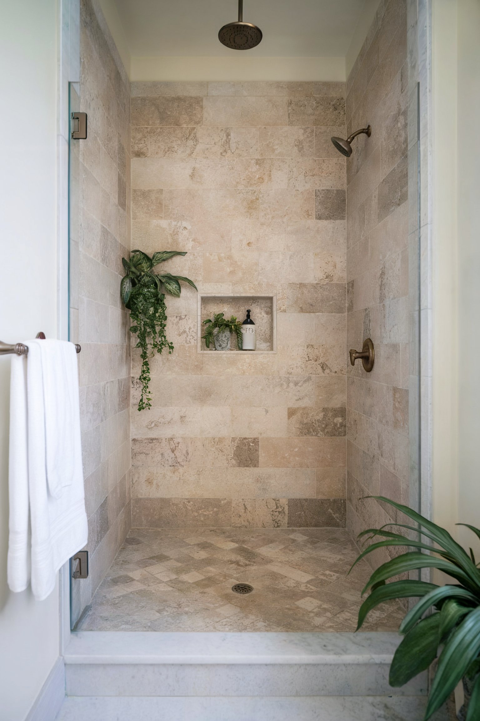 A walk-in shower with soft beige stone tiles and greenery decor, giving a natural and serene atmosphere