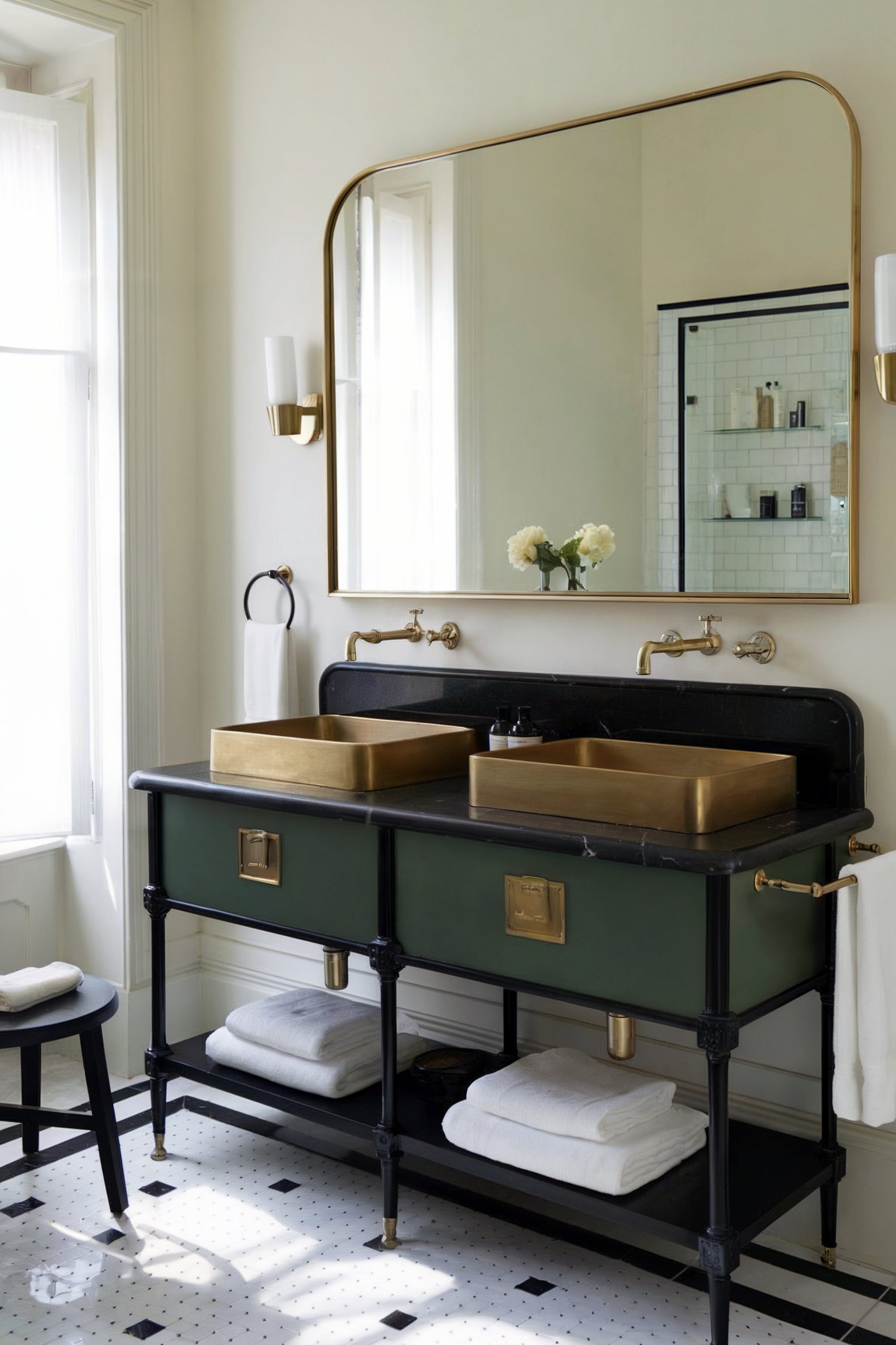 A bathroom with a black and green double vanity featuring brass fixtures and a large gold-framed mirror