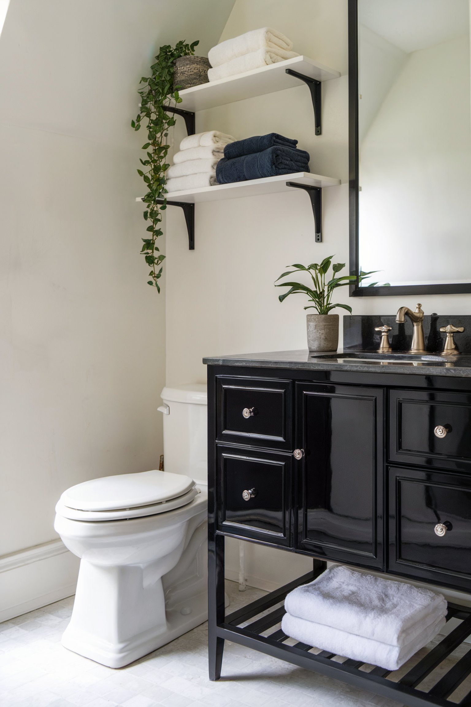 A minimalist bathroom featuring a black vanity with a sleek countertop, white toilet, and open shelving with rolled towels and a trailing plant