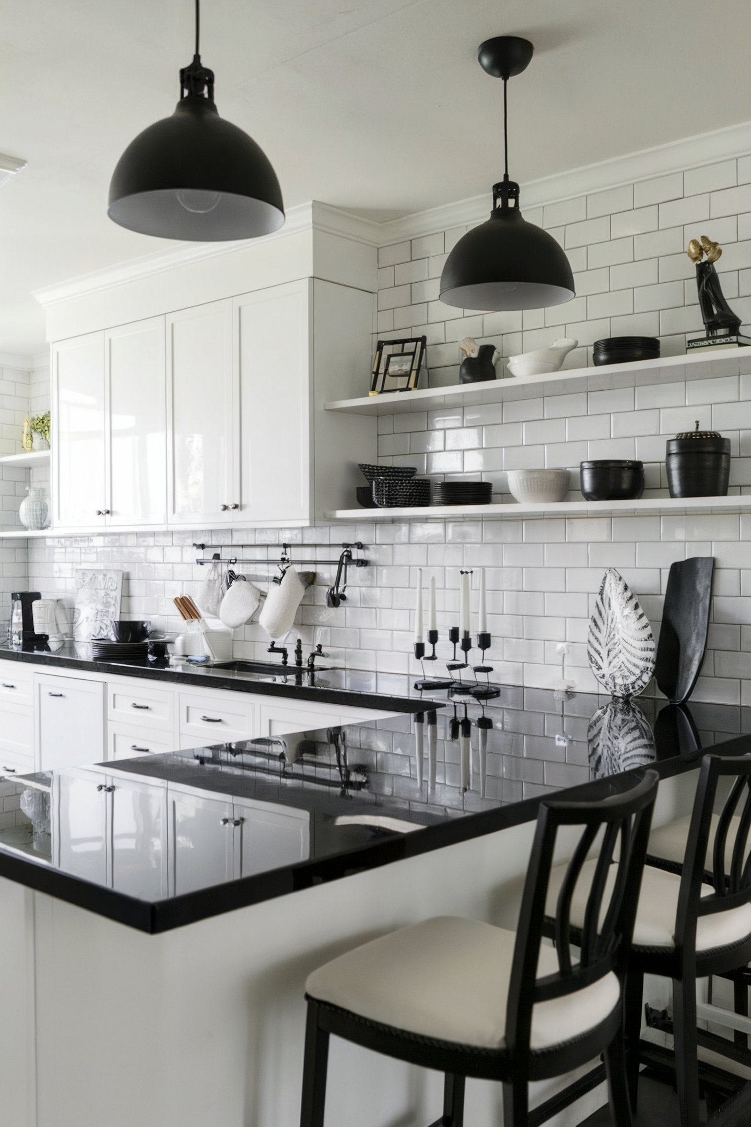 A sleek black-and-white kitchen with glossy black countertops, open shelving, white subway tile backsplash, and large black pendant lights