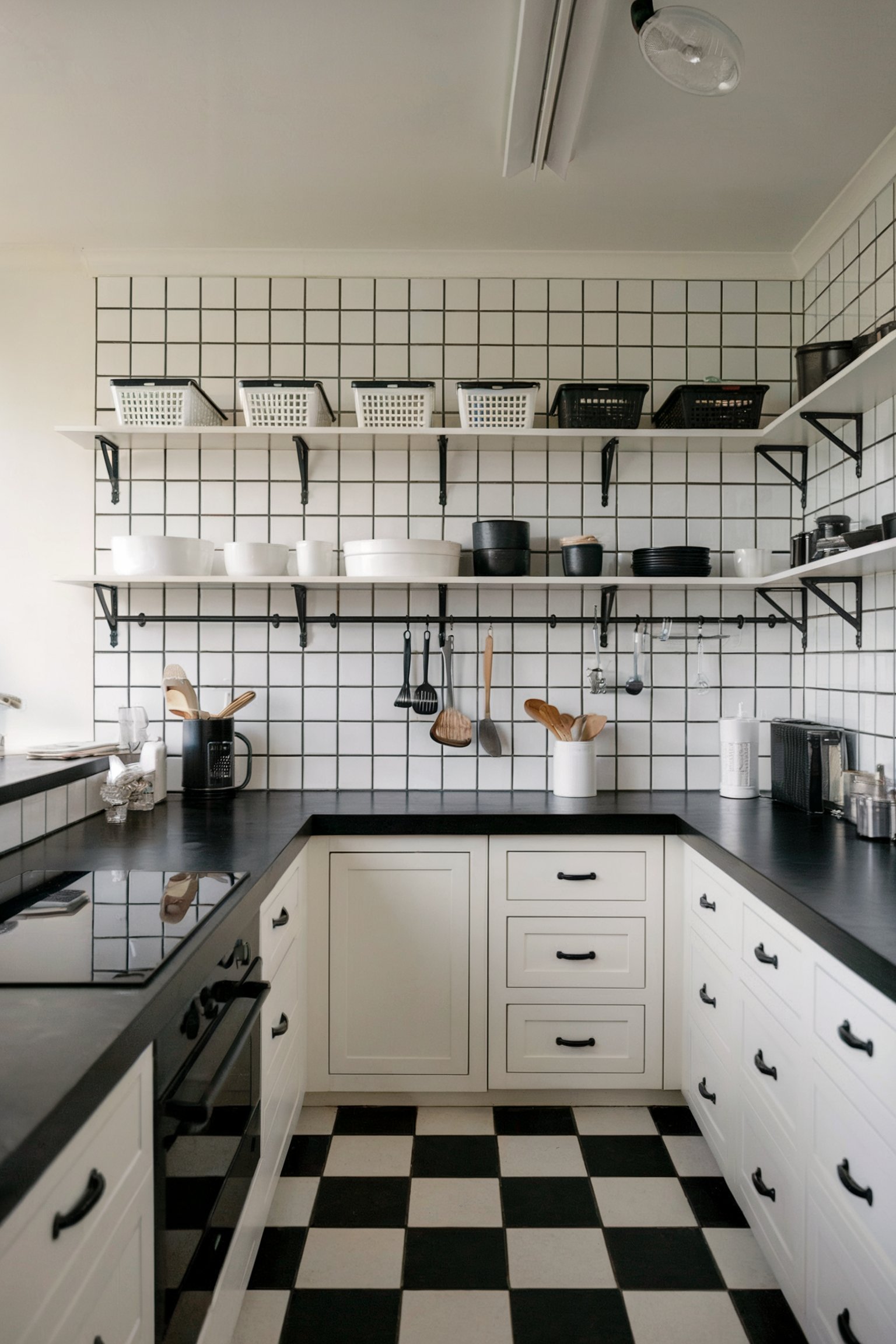 A black and white kitchen with a checkered floor, open shelving, and grid-patterned backsplash