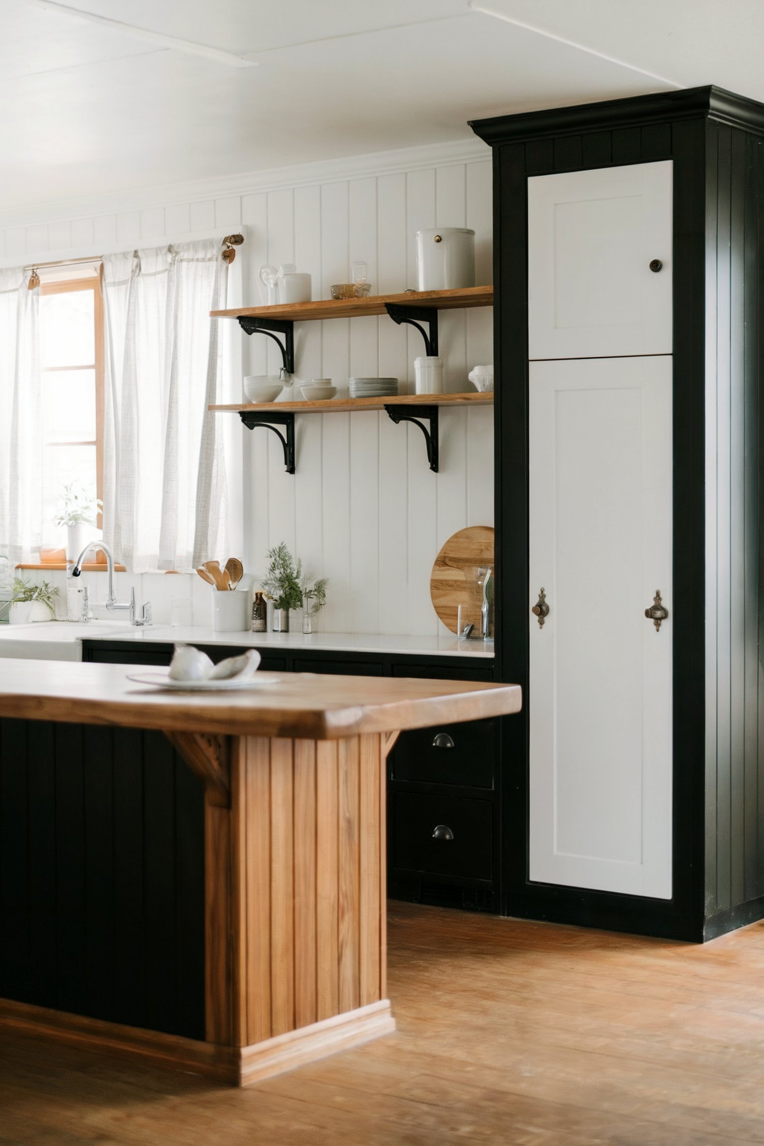 A farmhouse-style kitchen with a wood countertop island, open shelves, and a mix of black and white cabinetry