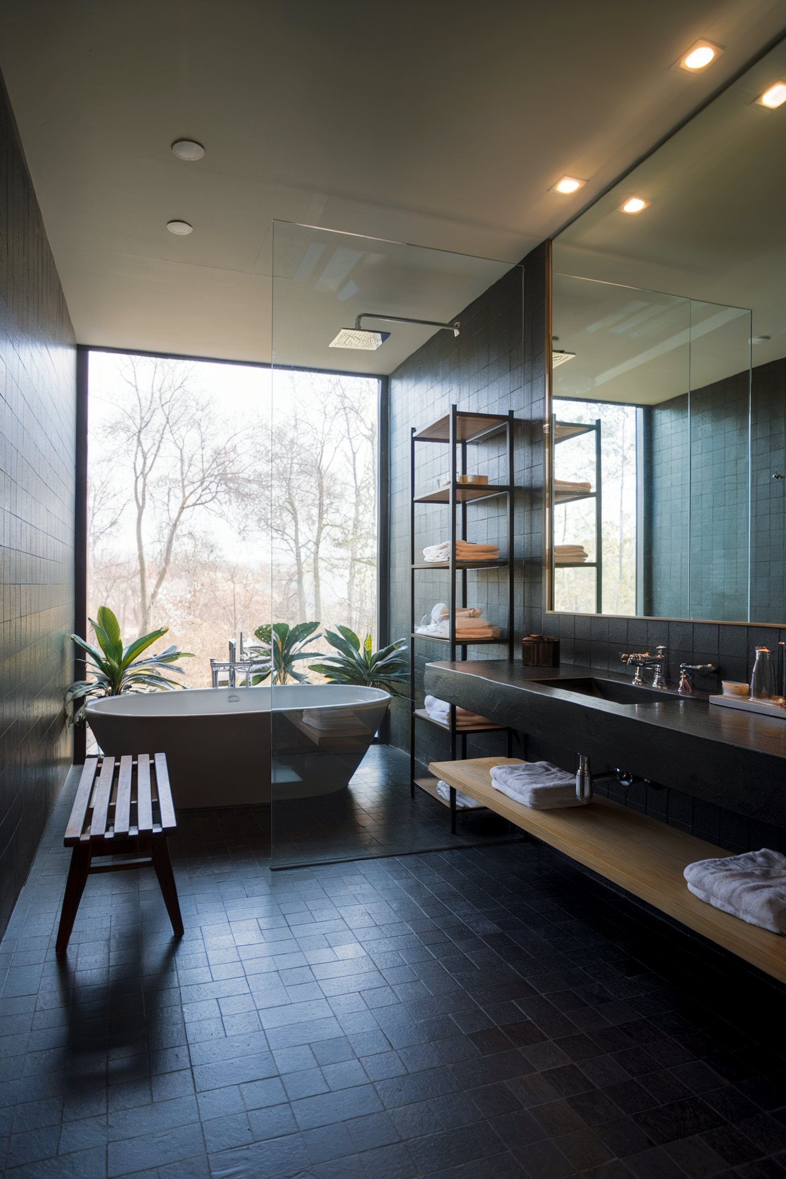 A modern bathroom with floor-to-ceiling windows, a freestanding bathtub, black tile flooring, and open wooden shelving