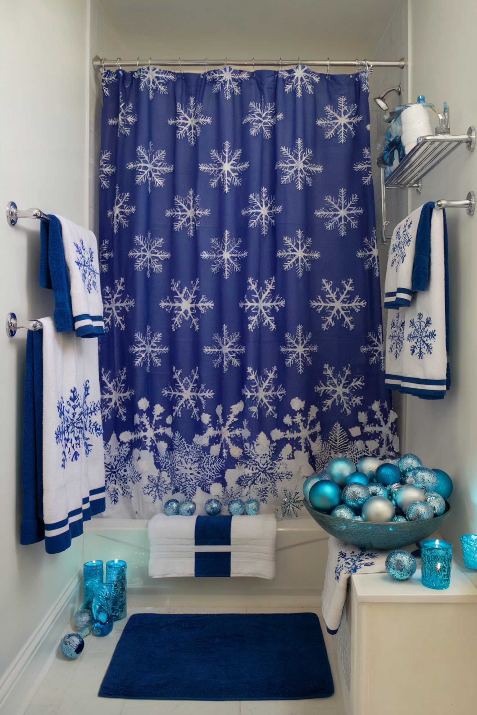 A bathroom with blue snowflake-themed shower curtain, matching towels, and blue holiday ornaments