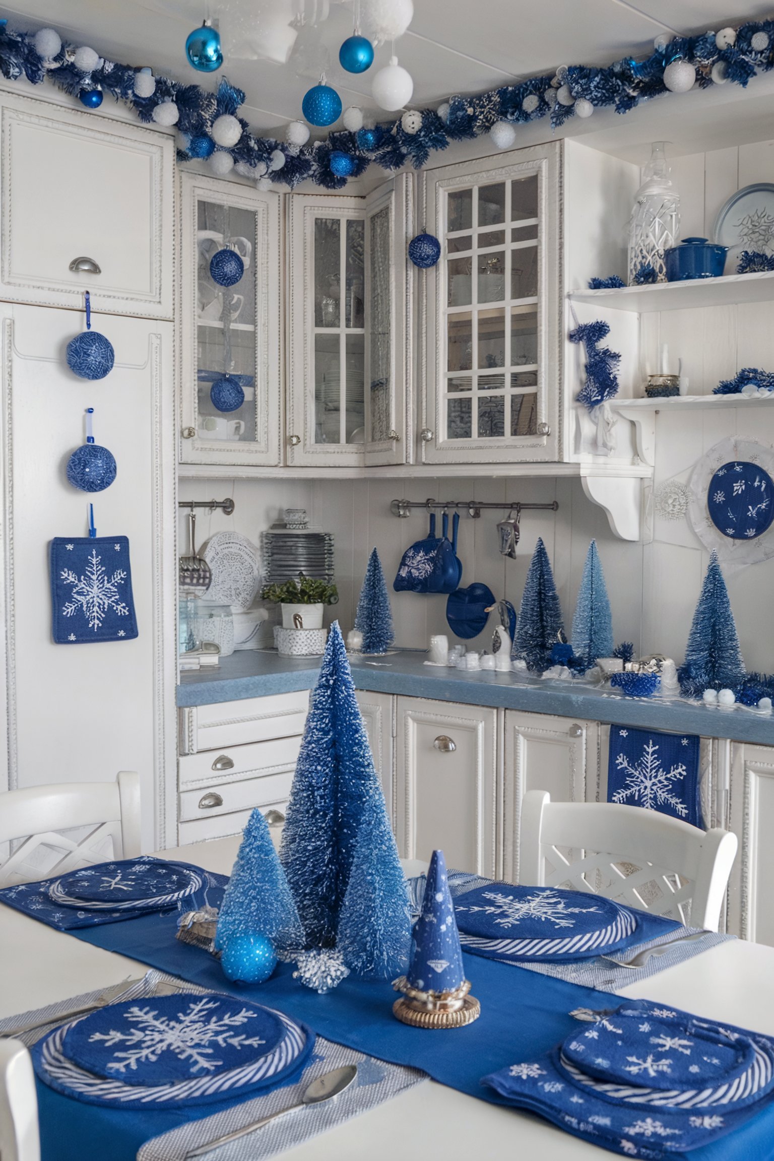 A kitchen filled with blue and white Christmas decor, featuring bottle brush trees, snowflake placemats, blue garland, and ornaments
